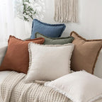 MIULEE Boho Linen Fringe Decorative Throw Pillow Covers Blue Ashes 16x16 | Set - Image 5