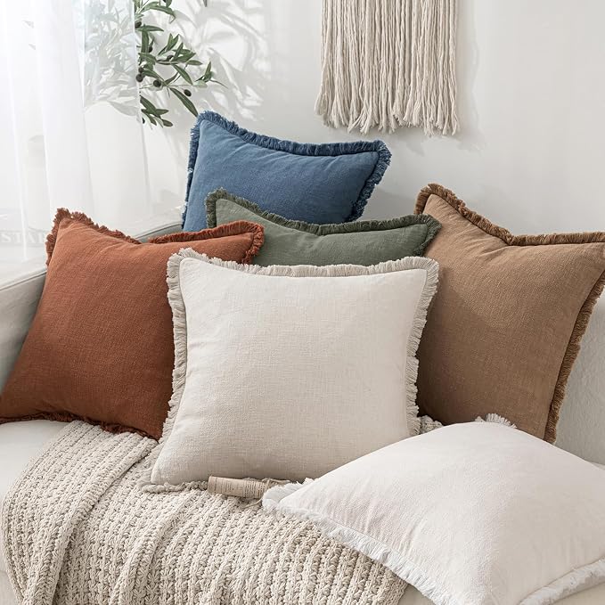 MIULEE Boho Linen Fringe Decorative Throw Pillow Covers Blue Ashes 16x16 | Set - Image 5