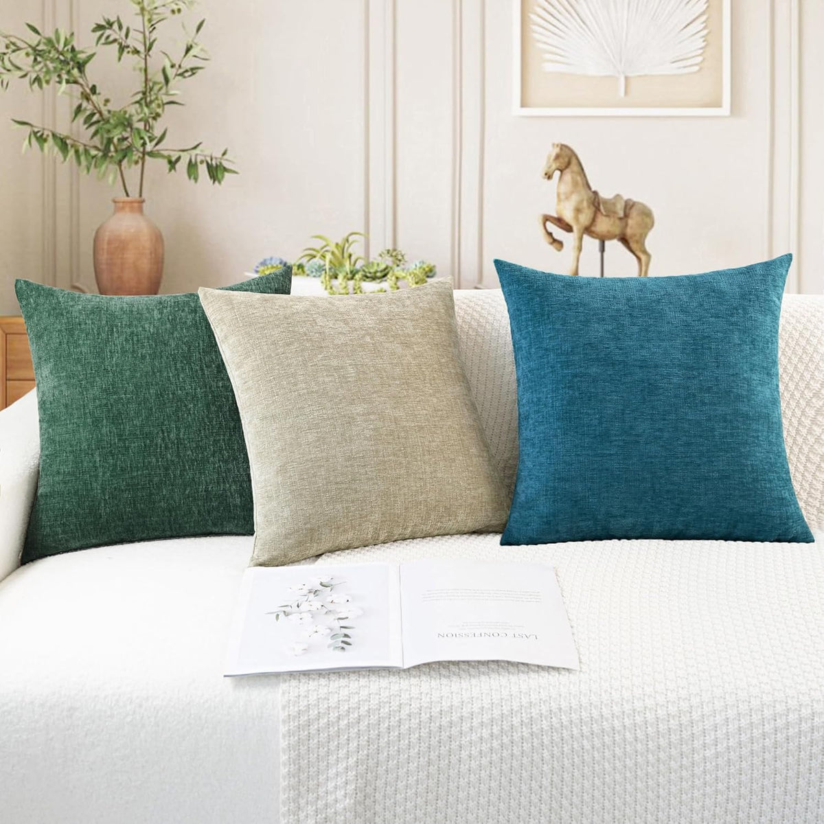 CaliTime Throw Pillow Covers Decorative 22 X 22 Inches Pack of 2 Cozy Chenille Cushion Cases for Couch Sofa Bed Living Room Home Ocean Blue