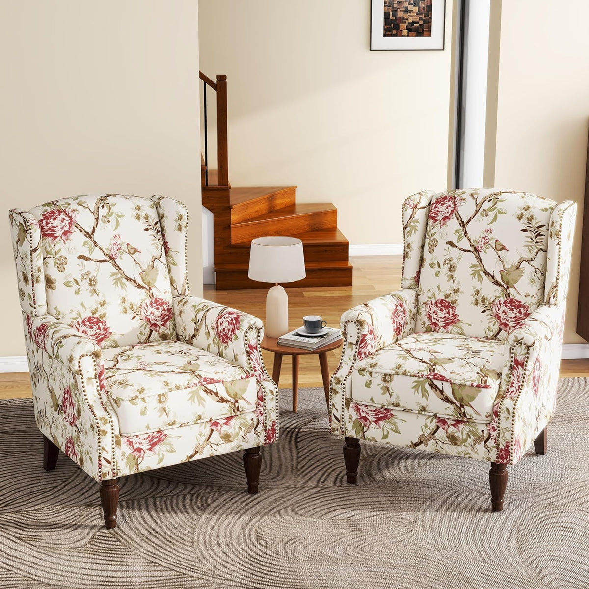 UIXE High Back Accent Chairs Set of 2, Fabric Upholstered Armchair for Living Room, Retro Printed Wingback Arm Chair Rivet Trimed Single Sofa Bedroom Reading Seat - Beige Floral