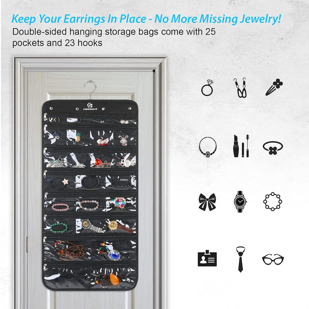 Freegrace Hanging Jewelry Organizer Revolving Hanger - Secure Zipper Closure - 25 Pockets,23 Hooks - Foldable Storage & Display Solution - for All Jewelry & Bijoux (Black)