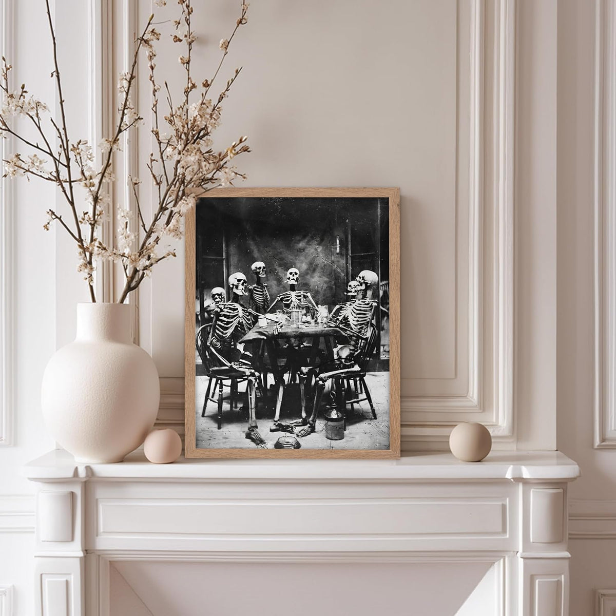 Poster Master Vintage Photograph Poster - Retro Daguerreotype Print - Gift for Artist, Friend - Skeletons Smoking at Table, Dinner Party, Goth - Wall Decor for Home, Dorm, 8x10 Beige Framed