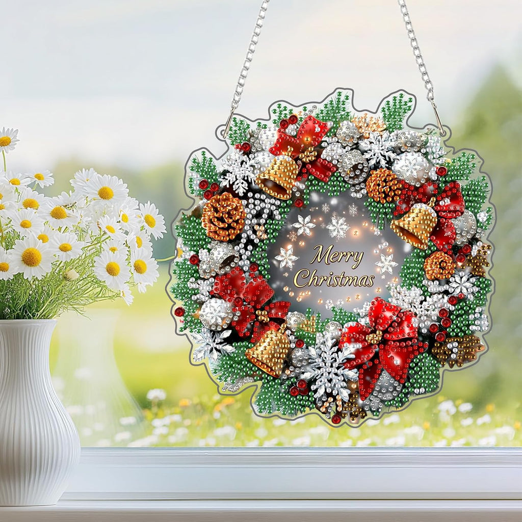 NEWENMO Diamond Art Hanging Kit for Adult, Merry Christmas Wreath, DIY Special Shaped Crystal Acrylic Diamond Art Painting Window Pendants, Diamond Painting Ornament for Home Garden Wall Decor