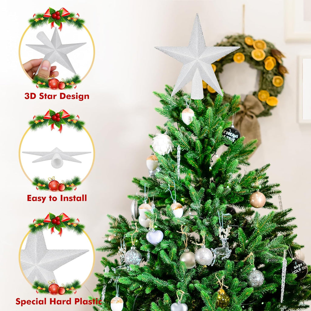 Christmas Tree Topper, 1PCS 4" White Glitter Star Tree Topper, 3D Xmas Shatter-Proof Mini Bethlehem Star Tree Topper Decorations, Waterproof Christmas Decor for Holiday Home Outdoor Ornament