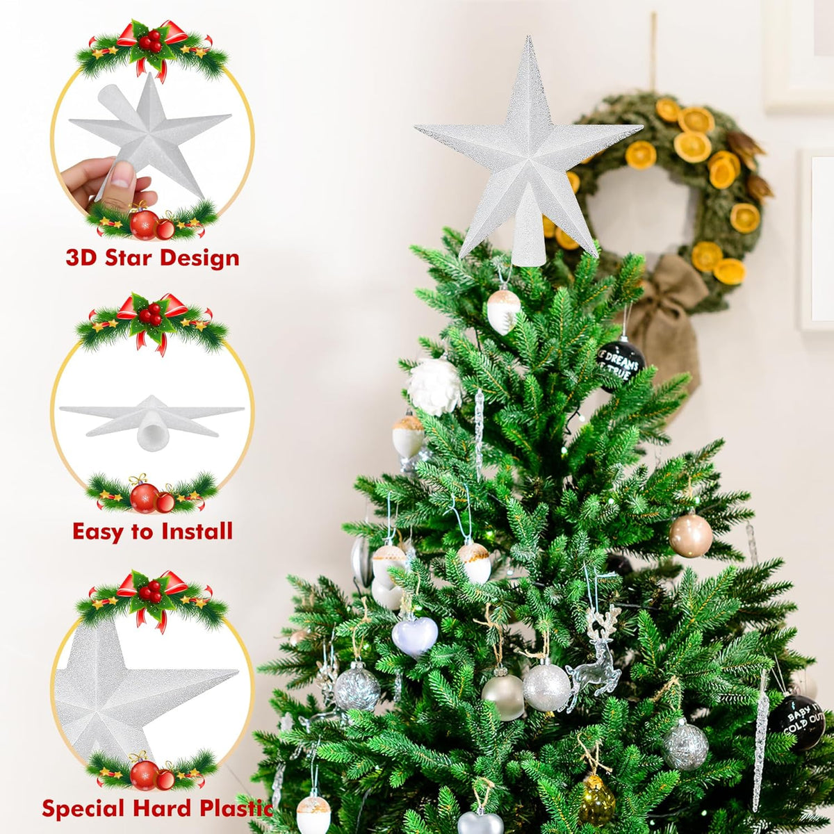 Christmas Tree Topper, 1PCS 4" White Glitter Star Tree Topper, 3D Xmas Shatter-Proof Mini Bethlehem Star Tree Topper Decorations, Waterproof Christmas Decor for Holiday Home Outdoor Ornament