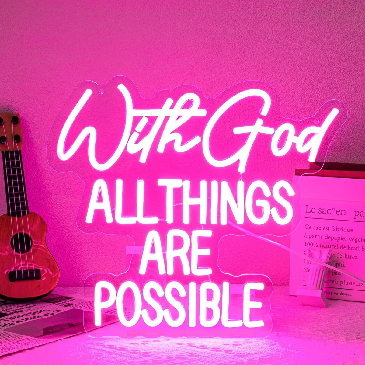 "With God All Things Are Possible" Neon Sign God Neon Light for Wall Decor Letter LED Neon Sign Pink LED Neon Light Dimmable Neon Signs for Bedroom Wedding Church Decoration