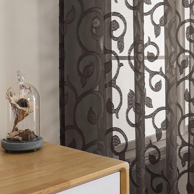 Furman Sheer Curtains Chocolate 24 Inch Length 2 Panels Set, Elegant Geometric - Image 3