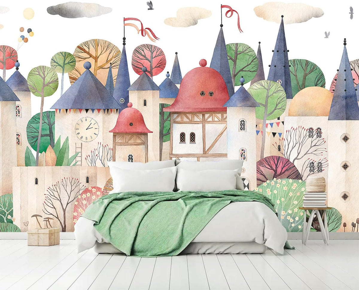 AFZEVEB-Cartoon Watercolor House Nursery Wallpaper Wall murals for Kids Room 136"x96" (Not Peel and Stick)