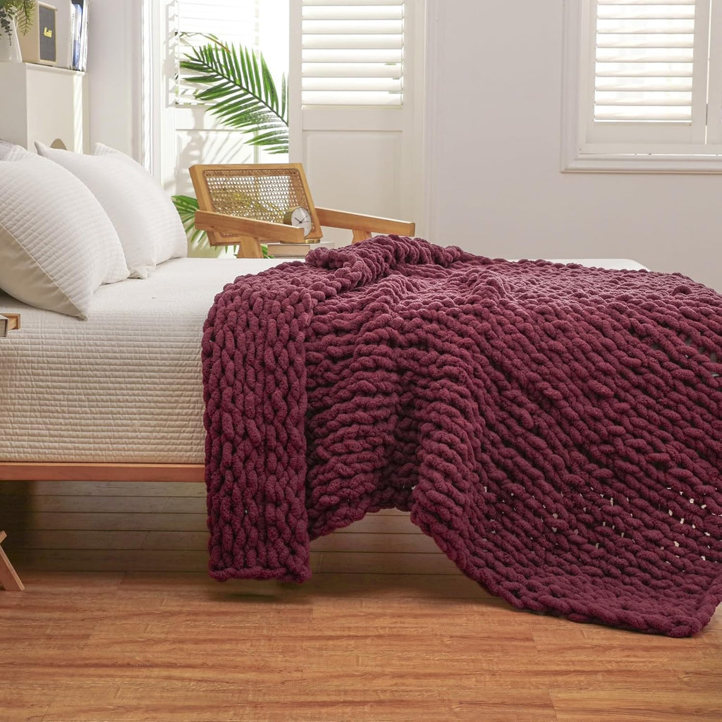 WESHIONGOO Chunky Knit Blanket Throw 50"×60" Knitted Throw Blankets for Couch Bed Fluffy Soft Blanket with Jumbo Chenille Yarn Thick 100% Handmade(Burgundy Red)