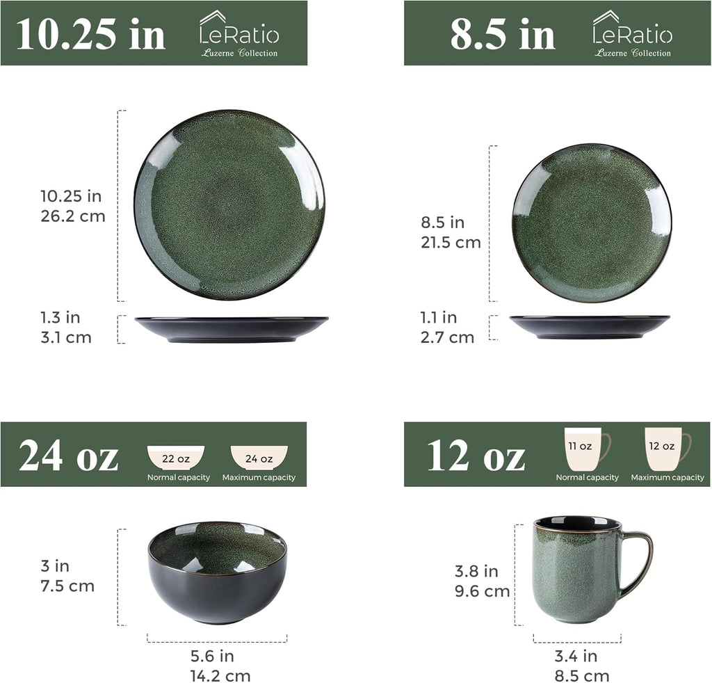 LERATIO Ceramic Dinnerware Sets for 4,16-Piece Reactive Glaze Plates and Bowls Set with Mugs,Highly Chip and Crack Resistant | Dishwasher,Microwave & Oven Safe Dishes set-Green