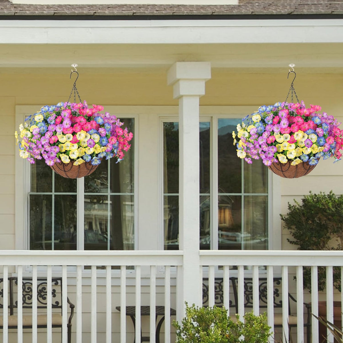 Artificial Faux Hanging Plants Flowers Basket for Outdoors Spring Summer Decoration, Silk Morning Glory Eucalyptus Look Real UV Resistant Fake Flowers for Porch Outside Patio Balcony Yard Home Garden