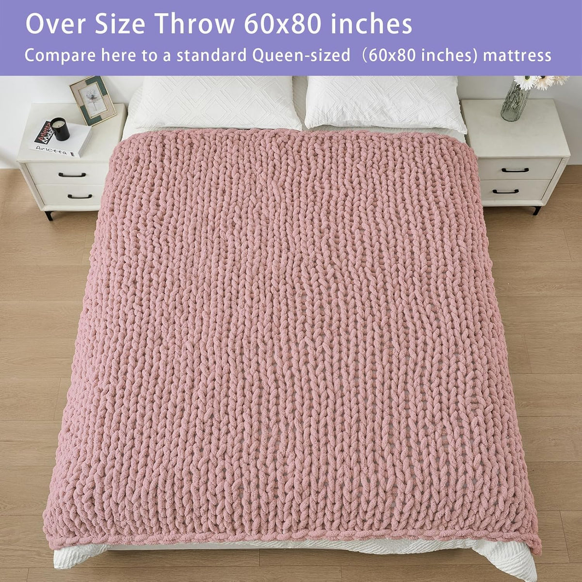 Bigacogo Chunky Knit Throw Blanket for Couch, 60x80 inches, 100% Hand Knitted with Thick Jumbo Chenille Yarn, Cozy Soft Large Rope Knot Cable Crochet Blankets for Sofa Bed Living Room, Dusty Pink