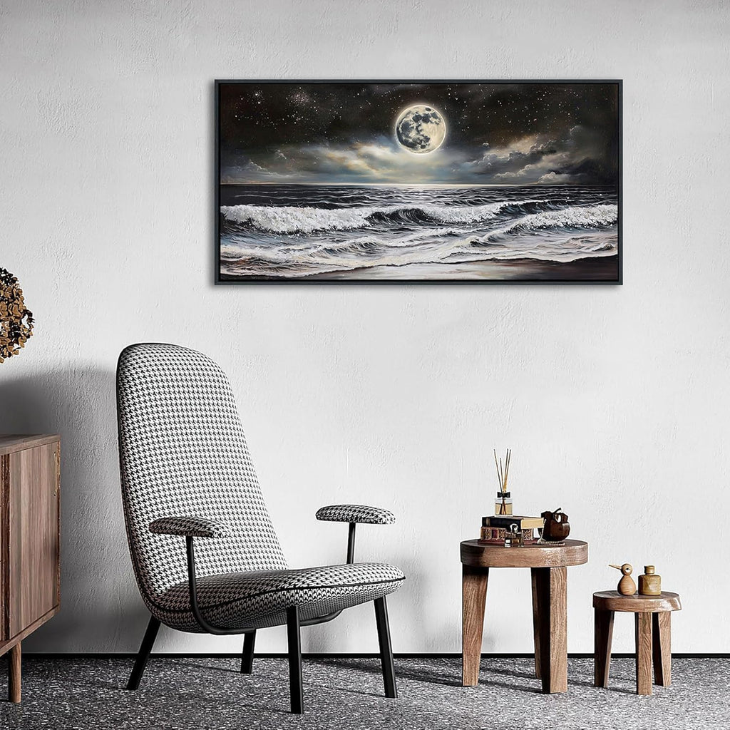 QZQCBLC Black and White Wall Art, Sea Beach Pictures Moon Starry Clouds Ocean Scene Framed Canvas Paintings Artwork for Living room Bathroom Bedroom Home Office Wall Pictures Decor 20x40 IN