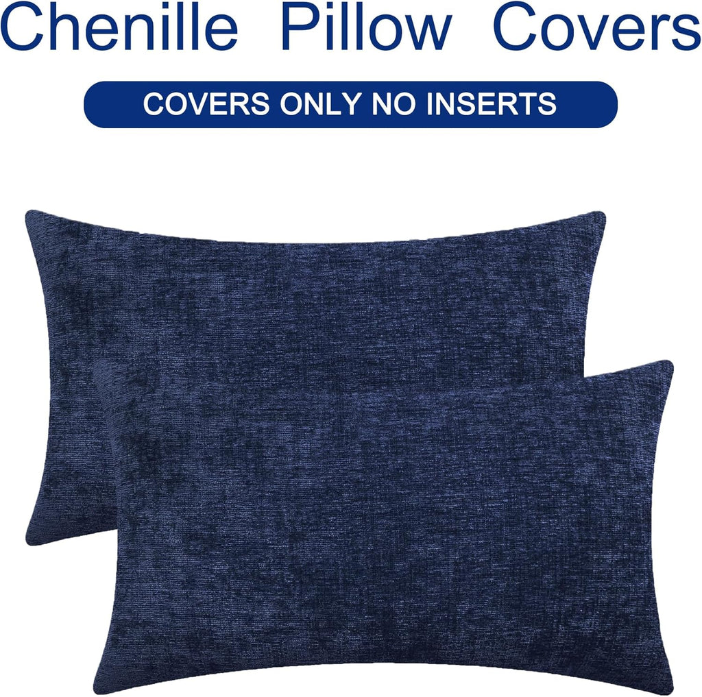 CaliTime Throw Pillow Covers Decorative 12 X 20 Inches Pack of 2 Cozy Chenille Cushion Cases for Couch Sofa Bed Living Room Home Navy Blue