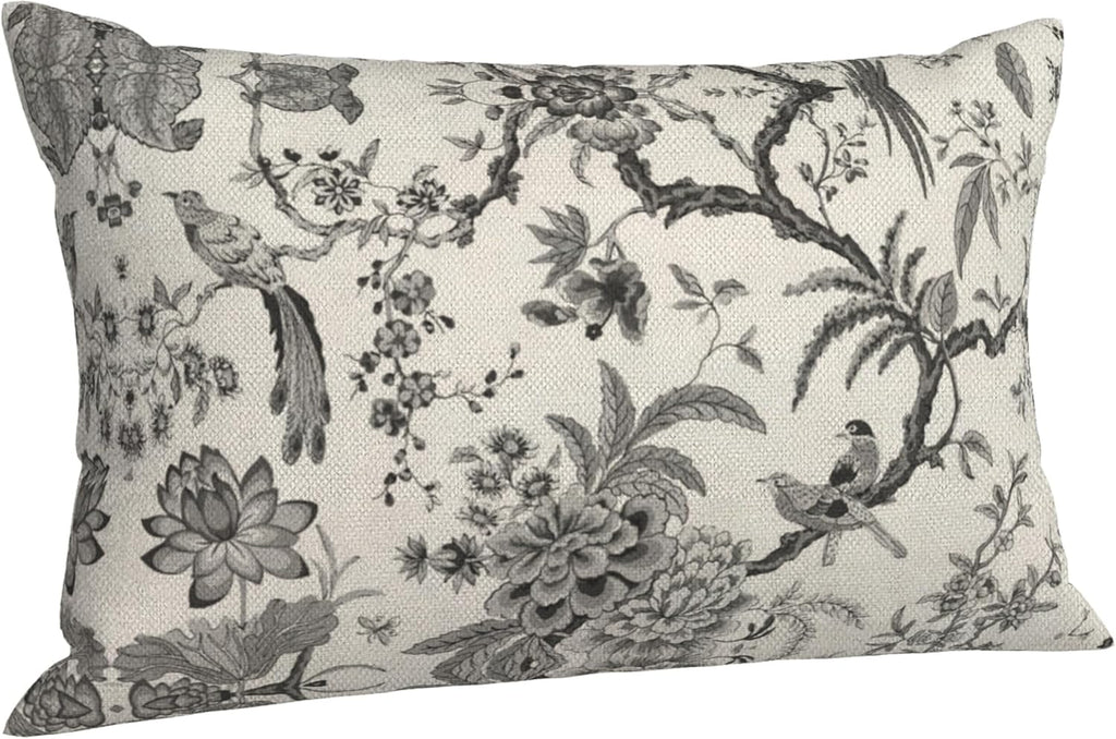 CXMEIFLY Spring Floral Birds Pillow Covers 12 x 20 Inch Set of 2 for Chinoiserie Flowers Decor Throw Pillows Black and White Plant Outdoor Decorative Cushion Cases for Couch Bed Decorations