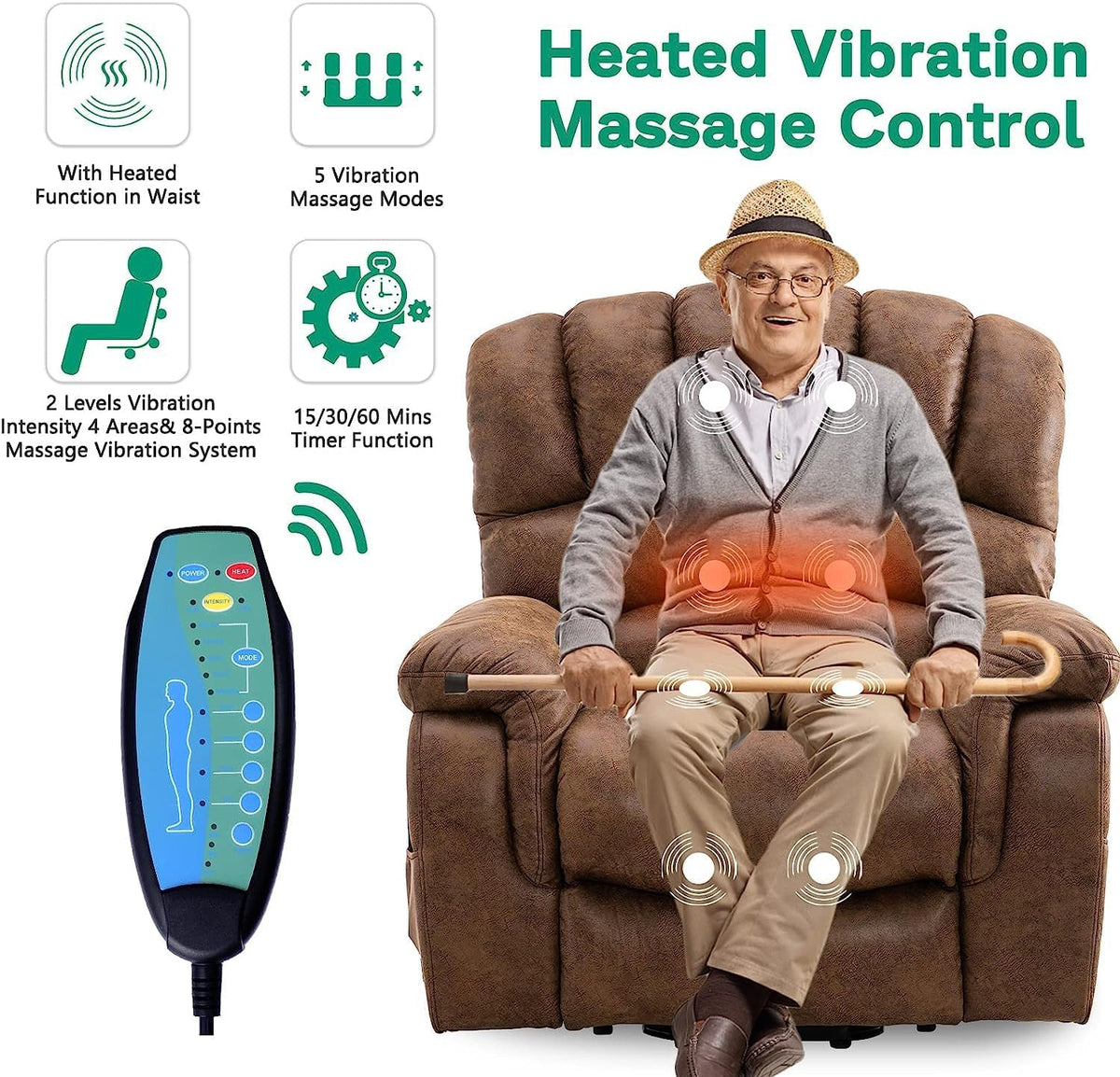 VIVIJASON Large Dual OKIN Motor Power Lift Recliner Chair for Elderly Big Man, 180° Lay Flat Electric Recliner with Heat & Massage, Infinite Position, 2 Remote Controls, Side Pockets & USB Port, Brown