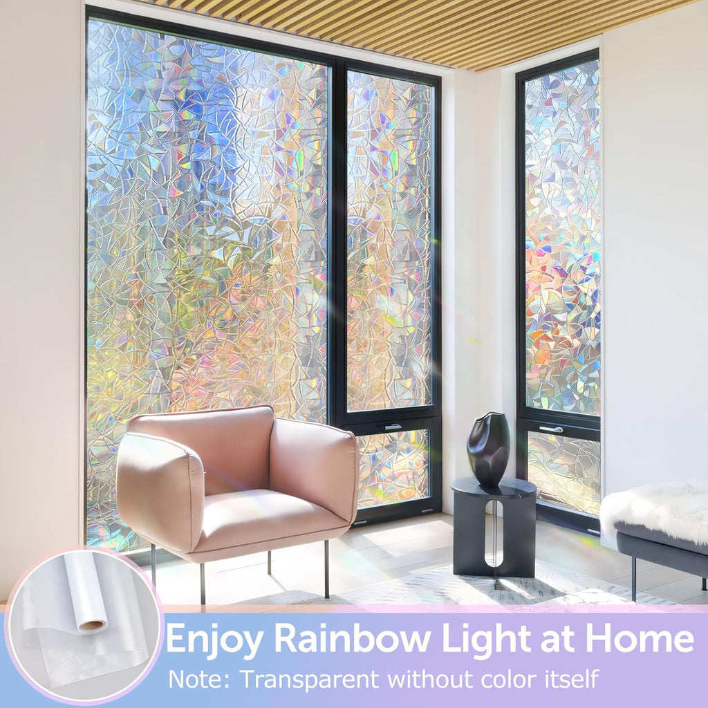 HIDBEA Window Privacy Film Non-Adhesive Static Cling Stained Glass Window Film Rainbow Glass Stickers Reusable Anti UV 3D Decorative Window Film for Home Door, 17.3 x 78.7 Inch
