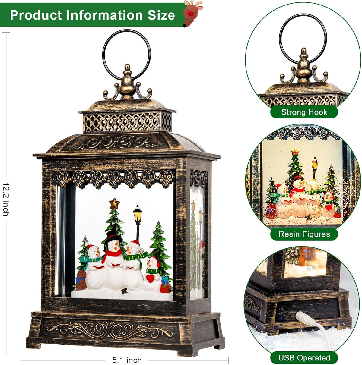 Christmas Snow Globes Lantern Christmas Snow Globe with Music Snowman Poetry,6H Timer,USB Lined/Battery Operated Lighted Lantern for Christmas Festival Decoration Gifts