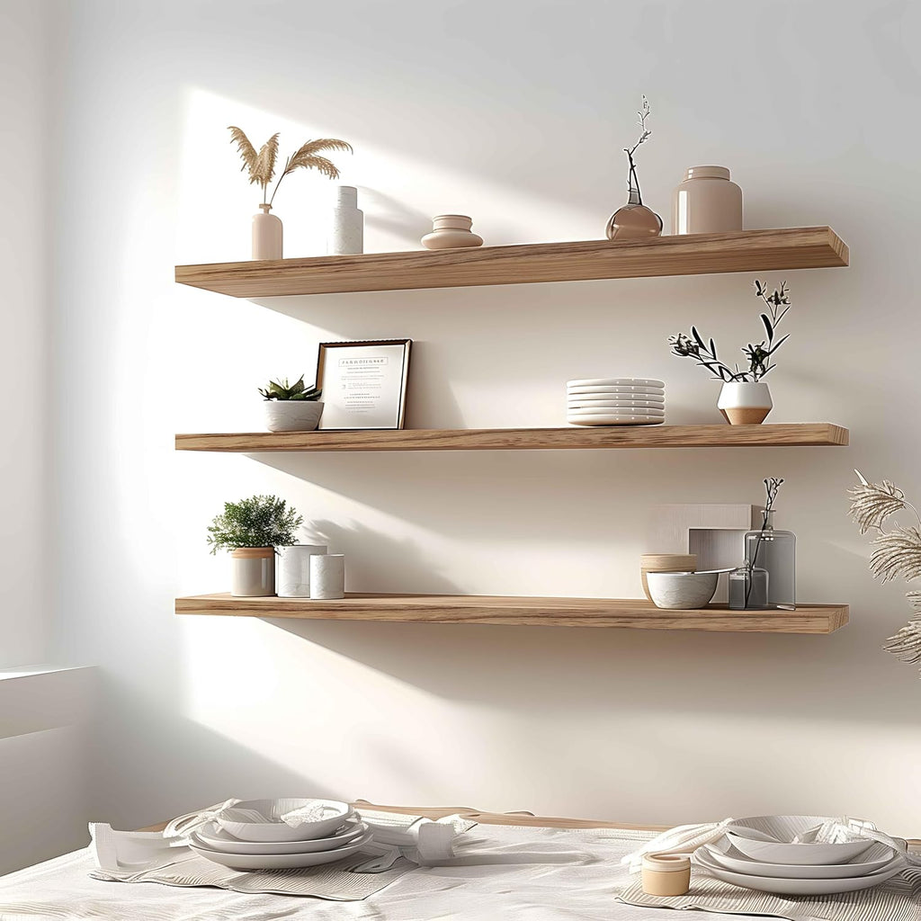 Wood Floating Shelves for Wall Decor, Rustic Wall Shelves for Bedroom Bathroom Kitchen Living Room, Set of 4 Light Walnut 48 Inch