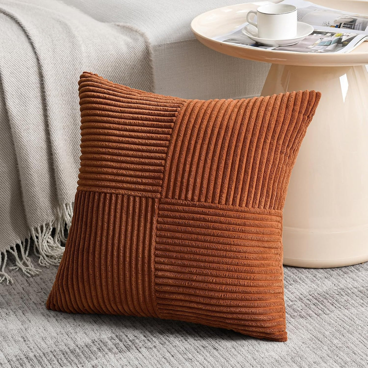 Fancy Homi 2 Packs Rust Samll Decorative Throw Pillow Covers 14x14 Inch with for Couch Bed, Rustic Farmhouse Boho Home Decor, Soft Corss Patchwork Corduroy Square Terracotta Cushion Case 35x35 cm