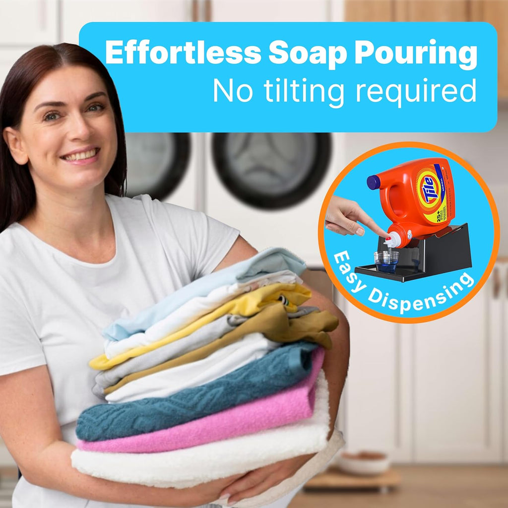 TidyFriend No-Spill Liquid Laundry Detergent Dispenser Holder, Laundry Soap Dispenser Holder with Drip Tray for Laundry Room Organization (No Strap, Black)