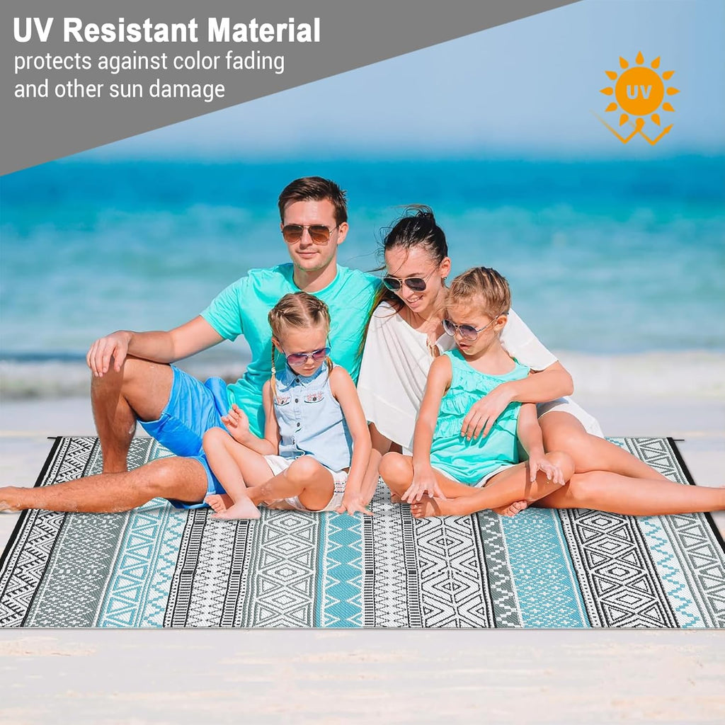 GAOMON Outdoor Plastic Straw Rug, 10'x14' Reversible Sage Green Patio Mat, Flower Modern Design for RV, Backyard, Deck, Camping, Picnic, Blue/Grey(Bohemia)