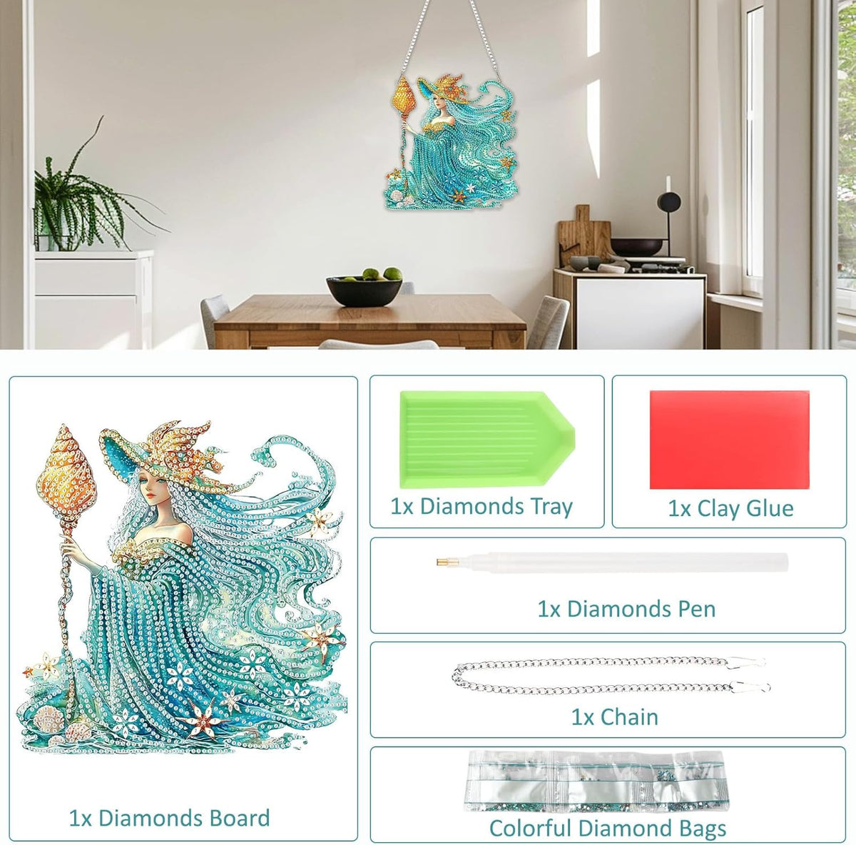 SENQAO Fairy Diamond Art Hanging Kit for Adult, Special Shaped Rhinestone, Double Sided DIY Acrylic Diamond Art Painting Window Pendants Home Garden Wall Hanging Kits Hanging Ornament (Shell Witch)