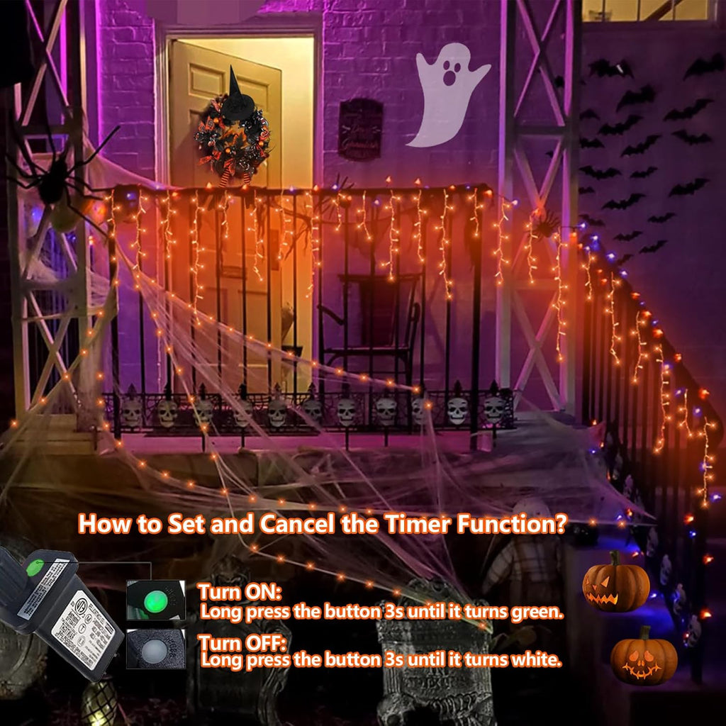 QITONG Orange Lights for Halloween, 33ft 400 LED Icicle Light for Outside with 8 Modes, Clear Wire Connectable Christmas Lights Indoor Plug in