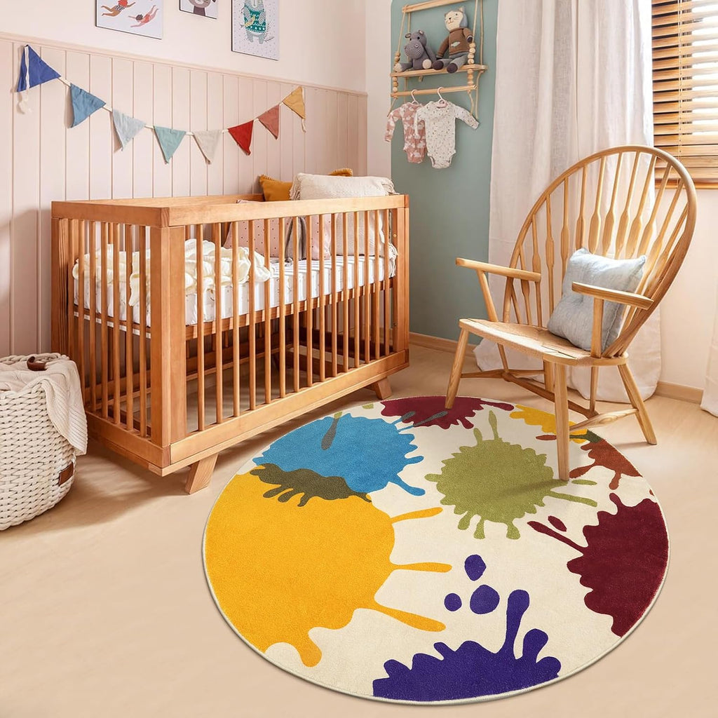 STARUIA Art Round Rug for Playroom, 4'x4' Colorful Kids Rug for Nursery, Non-Slip Small Circle Rugs for Kids Room, Machine Washable Bedroom Rugs Soft Circular Office Carpet for Preschool Dorm