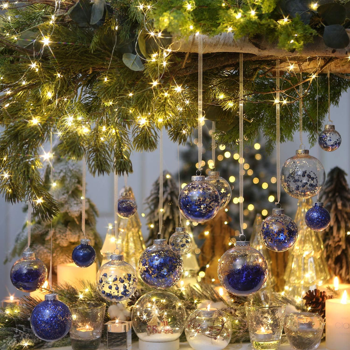 Sea Team 70mm/2.76" Shatterproof Clear Plastic Christmas Tree Ball Ornaments Set, Decorative Hanging Transparent Xmas Baubles with Stuffed Delicate Decorations (24 Counts, Royal Blue)