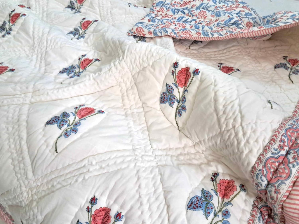 Twin Size Rose Pink Cotton Throw Blanket – 60x90 Hand Block Printed Lightweight Quilt – Soft Bedspread for Couch, Sofa & Bed – Cozy All-Season Boho Floral Blanket – Handmade in India