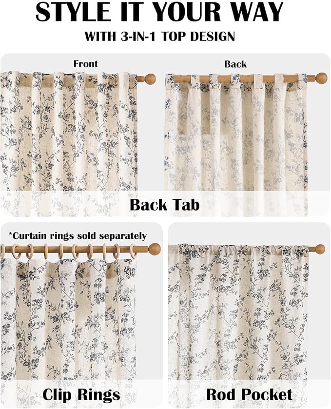 Black Vintage Floral Linen Curtains Farmhouse 38W X 84L 2 Panels | Elisa Series - Image 4