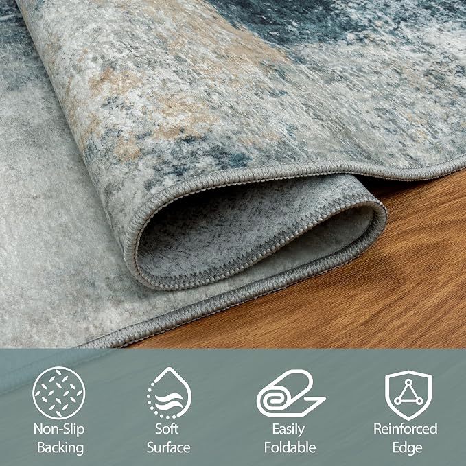 9x12 Area Rugs for Living Room Washable Bedroom Dining Room Teal Grey Gold | - Image 3