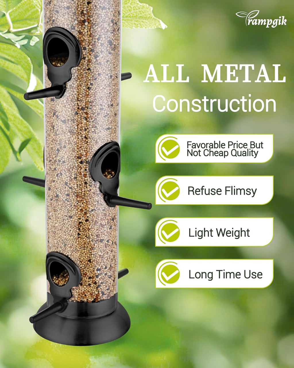 Bird Feeder Premium Hard Plastic for Wild Bird Feeders for Outdoors,Tube Bird Feeders for Outdoors Hanging,14 Inch 6 Port Black,Pack of 1