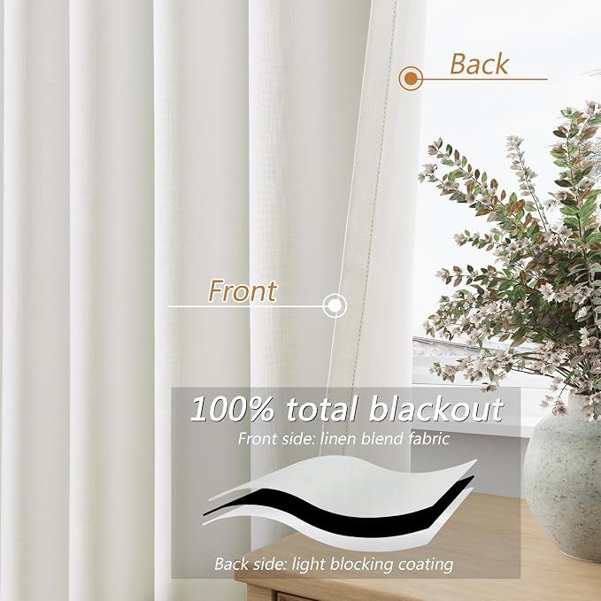 Ivory 100% Blackout Linen Curtains 100 Inch Length 2 Panels Set - Image 4