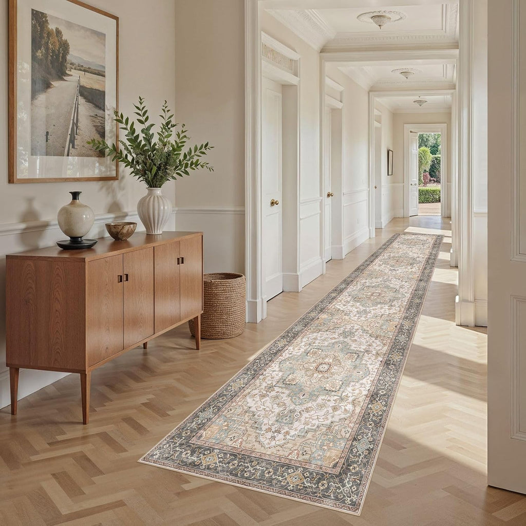 Washable 2.6x14 Runner Rug - Area Rugs Neutral Vintage Distressed Floral Farmhouse Boho Large Soft Floor Rug Indoor Carpet for Hallway Entryway Home - Forest Green Orange