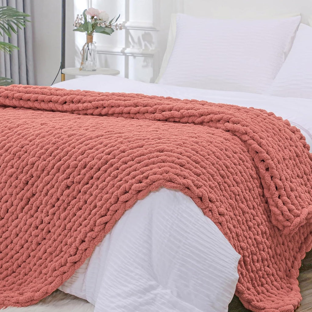 Bigacogo Chunky Knit Throw Blanket for Couch, 40x80 inches, 100% Hand Knitted with Thick Jumbo Chenille Yarn, Cozy Soft Large Rope Knot Cable Crochet Blankets for Sofa Bed Living Room, Antique Red