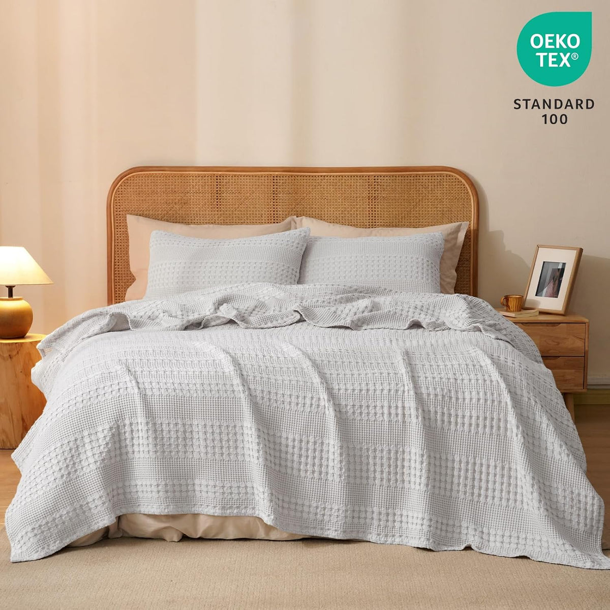 PHF 100% Cotton Waffle Weave Blanket Queen Size, Soft Lightweight Breathable Cozy Summer Blankets for Bed, Luxury Aesthetic Woven Bedding for Home Decor, 90"x90", Light Grey