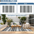 Outdoor Patio Rug 9x12 Stain-Resistant Reversible Camping Mat, Modern Striped Outdoor Plastic Straw Rug, Waterproof Outside Carpet, Easy to Clean for RV, Porch, Deck, Balcony, Grey