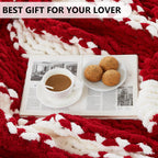 L'AGRATY Chunky Knit Blanket Throw - Soft Chunky Throw Blanket 40x50: 100% Hand Kintted Chenile Crochet Throw Blanket for Couch - Large Cable Knit Chunky Blanket for Home Decor(Red and White)
