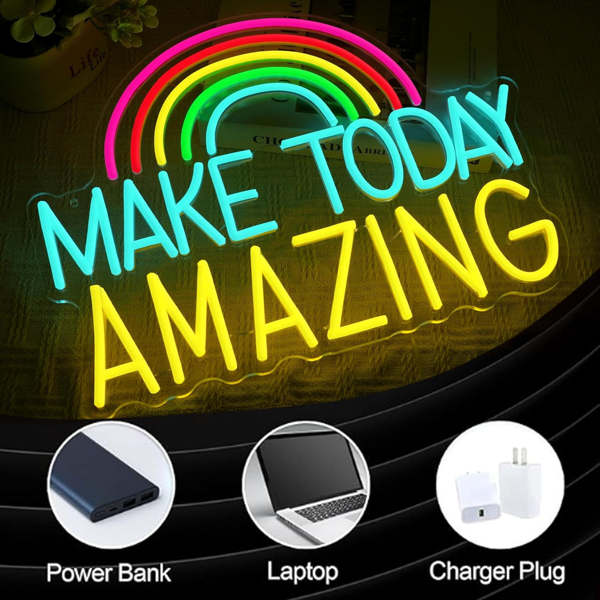 Make Today Amazing Neon Sign Wall Decor Dimmable Rainbow Neon Light USB Powered Motivational Word Led Light Sign for Bedroom Classroom Cafe Bar Birthday Party Wedding