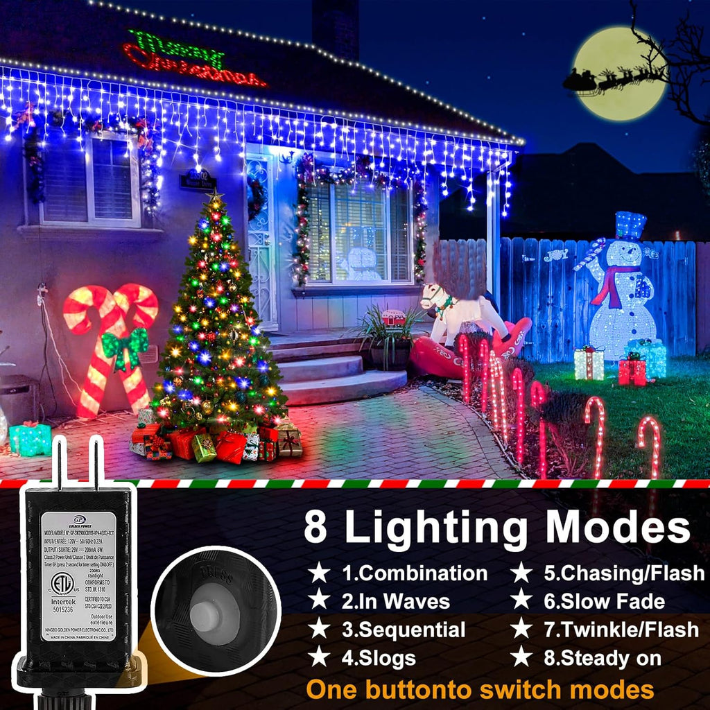 Christmas Lights Outdoor, 1280 LED 131FT Ice Lights for Outside, Clear Wire 8 Modes Plug in 240 Drops Ice String Lights with Timer Memory Function Hanging Light for Christmas Decor(Blue)