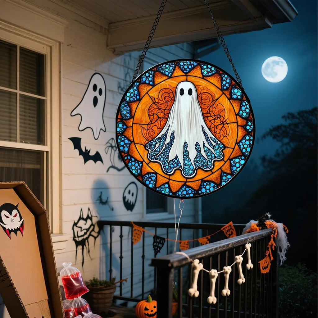 Stained Glass Window Hanging - Halloween Decorations White Ghost Suncatcher for Doors Garden Indoor Spooky Funny Blue Sun Catchers Gothic Decor Horror Gifts for Women Men Friend 9.8 in