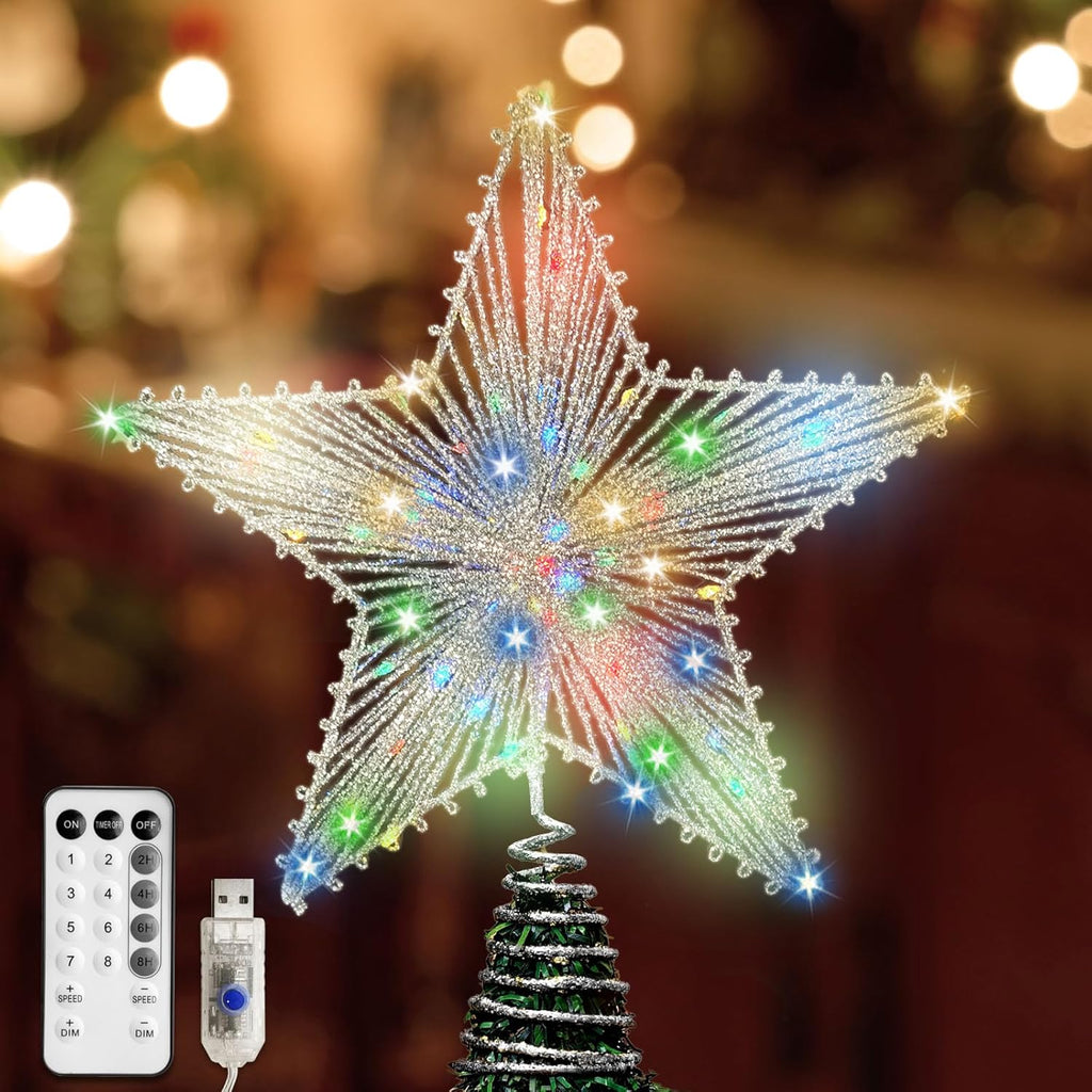 Silver Star Christmas Tree Topper with 50 Colouful LED Lights 8 Lighting Modes Timer, White Tree Topper for Christmas Tree Decorations and Xmas Holiday Seasonal Decor