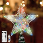 Silver Star Christmas Tree Topper with 50 Colouful LED Lights 8 Lighting Modes Timer, White Tree Topper for Christmas Tree Decorations and Xmas Holiday Seasonal Decor