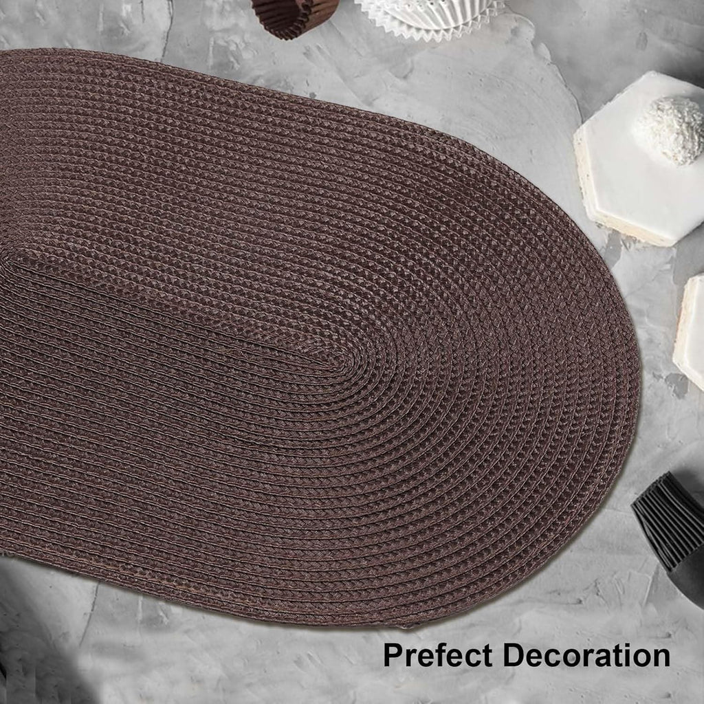AHHFSMEI Placemats Set of 4 for Dining Table Washable Woven Vinyl Non-Slip 18x12 inches Placemat Heat-Resistant Durable Table Mats for Dining Table Easy to Clean (Oval Brown, 4)