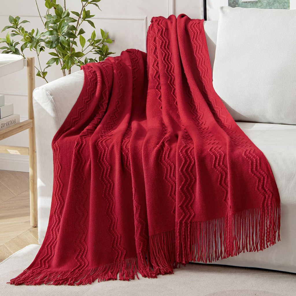 MIULEE Burgundy Red Knitted Throw Blanket for Couch Boho Textured Cozy Woven Blanket with Tassels for Sofa Chair Bed Living Room Acrylic Wave Pattern 60"x80"