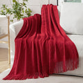 MIULEE Burgundy Red Knitted Throw Blanket for Couch Boho Textured Cozy Woven Blanket with Tassels for Sofa Chair Bed Living Room Acrylic Wave Pattern 60"x80"