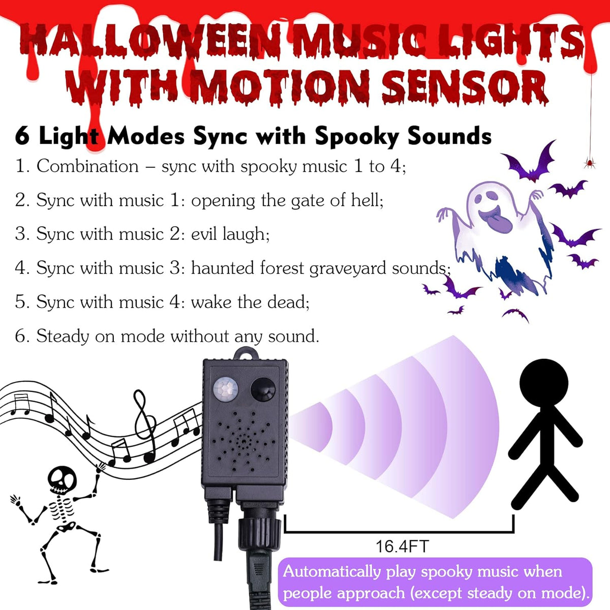Rotu Halloween Lights Outdoor 114.8 ft 300 LED String Lights with Music Sync Spooky Sounds Halloween Decorations Fairy Lights Indoor Waterproof for Yard Porch Haunted House Decor (Purple)