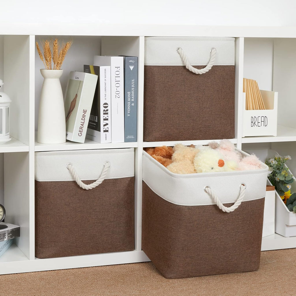 Bidtakay Collapsible Rustic Cube Storage - Brown Cloth Baskets with Handles, 13x13x13 Inch, Set of 3 Fabric Storage Bins